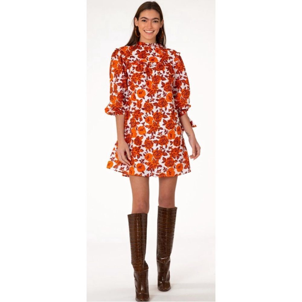 Olivia James Emma orange/red tonal rose print ruffled swing dress NWOT